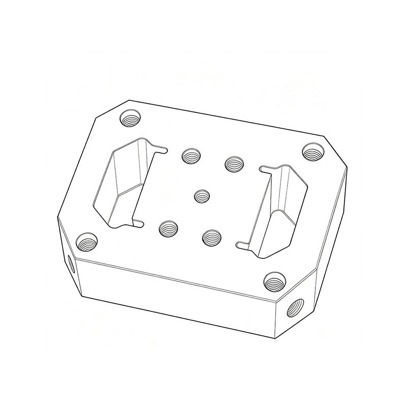 Isometric black and white technical line drawing of 1.2601 mold insert, octagonal mold block with double special-shaped forming cavities, 6 positioning through holes and 4 corner threaded mounting holes, heat treated hardness HRC60-64, machining tolerance ±0.005mm, overall dimension 66*92*35mm, replaceable forming mold segment with cutting edges for precision metal stamping