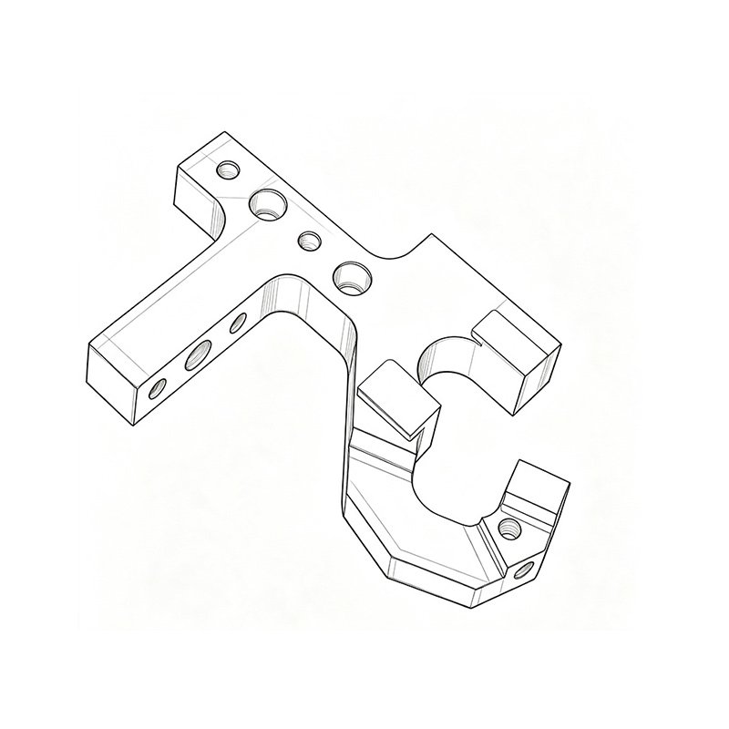 Isometric clean line drawing of 1045 / S235JR precision locator positioning block, irregular L-shaped fixture component with U-shaped locating notch, multiple Φ6H7 & Φ3H7 precision mounting holes, machining tolerance ±0.02mm, used for high-precision alignment and positioning in test & inspection fixtures