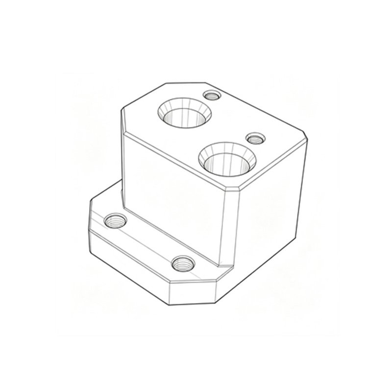 Single isometric technical line drawing of 1055 steel holder for test fixture, material AISI 1055, chrome plating, high-frequency quenching HRC55, precision holes Φ6H7, tolerance ±0.02mm, finished dimension 37.6*60*61mm, clean outline includes mounting base, two large counterbore holes, side holes, chamfers and stepped faces, no surface texture, used for positioning and clamping in inspection fixtures