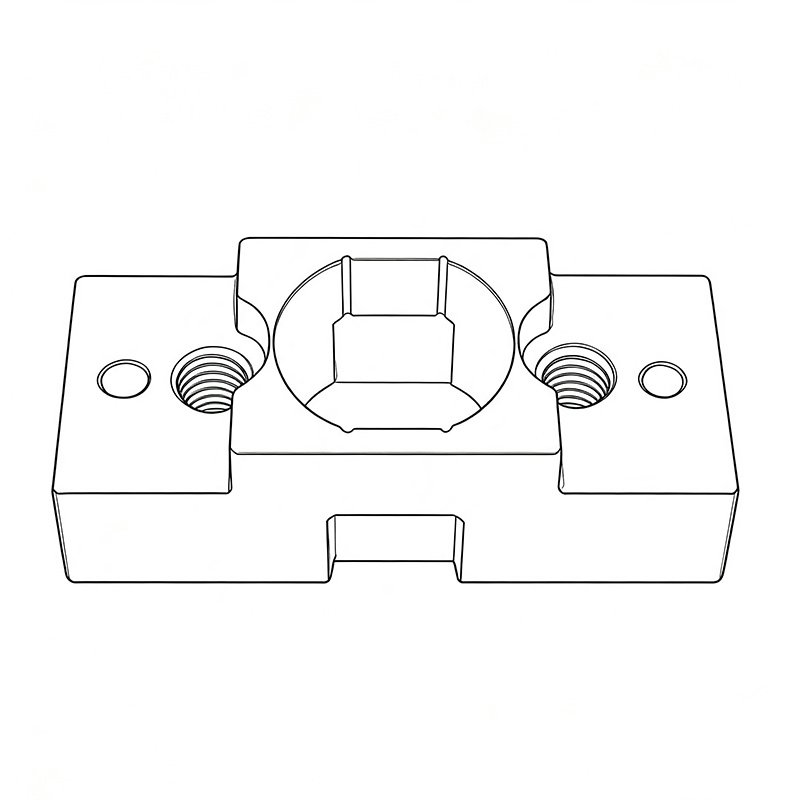 2D technical line drawing of CNC machined 440C stainless steel adapter, precision semiconductor manufacturing component, minimalist engineering sketch