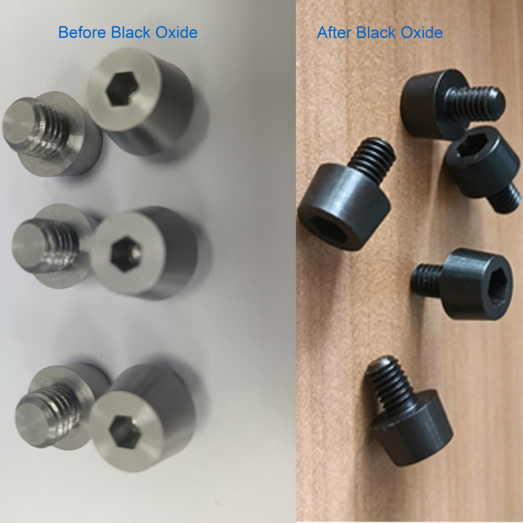 Black oxide finish with light oil seal before and after comparison on C45 steel screws.