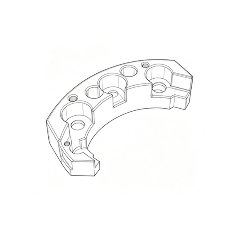 Precision curved mount bracket isometric line drawing, CNC machined 1045 steel fixture with hard chrome plating for general industrial automation equipment